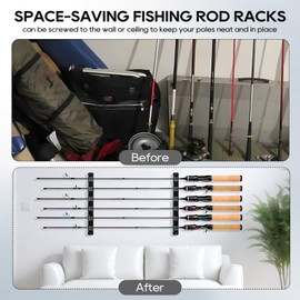 Axlksia Fishing Rod Holder Wall Mount, 1 Pair Fishing Pole Holders for Garage, Boats, 6 Fishing Rod Storage Racks (Horizontal Grey)