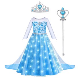Sincere Party Classic Light Up Elsa Princess Dress with Tulle Cape,Wand,Tiara Perfect for World Book Day,Xmas Gift for Girls 7-8 years