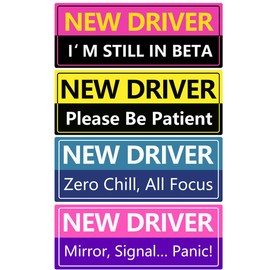 LogFaadCoi 4-Pack 'New Driver' Reflective Magnetic Signs - Removable Safety Warning Bumper Stickers for Cars, Large Size, Durable for Novice & Student Drivers (FunnyDriver A)