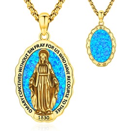 LOOVE 925 Sterling Silver Miraculous Medal for Women Virgin Mary Necklace for Men Gold Blessed Mary Pendant Catholic Mary Necklace Blue Opal Jewelry