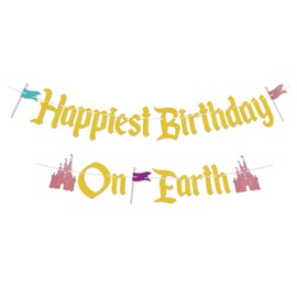 Happiest Birthday On Earth Banner Castle Theme Hanging Decoration Funny Princess Castle Party Decoration Gold Glitter Sparkly Birthday Supplies for Baby Shower