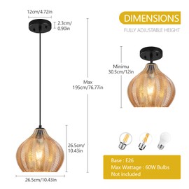 LBSQJ Amber Glass Pendant Lights Kitchen Island 1 Light 10.43 in Glass Globe Pendant Light Fixture Adjustable Modern Farmhouse Pendant Lighting for Bedroom Dining Room (1 Pack)