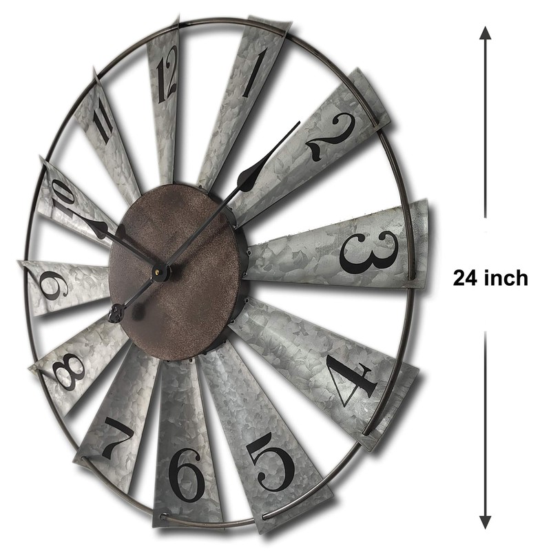 Mrocioa 24inch Windmill Distressed Metal Wall Clocks Rustic Large Decorative