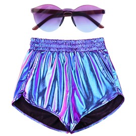 Mirawise Women's Metallic Shorts Summer Yoga Hot Shiny Sparkly Outfit Short Pants with Sunglasses, Mermaid-2, Small