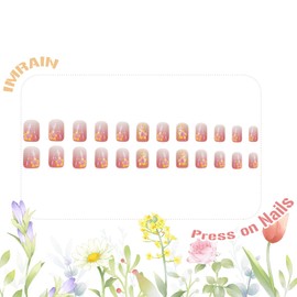 IMRAIN Short Press on Nails Square Fake Nails Pink French Tips Nails Press ons Glossy Glitter False Nails with Cute Yellow Flower Designs Acrylic Squoval Glue on Nails Full Cover Stick on Nails 24Pcs