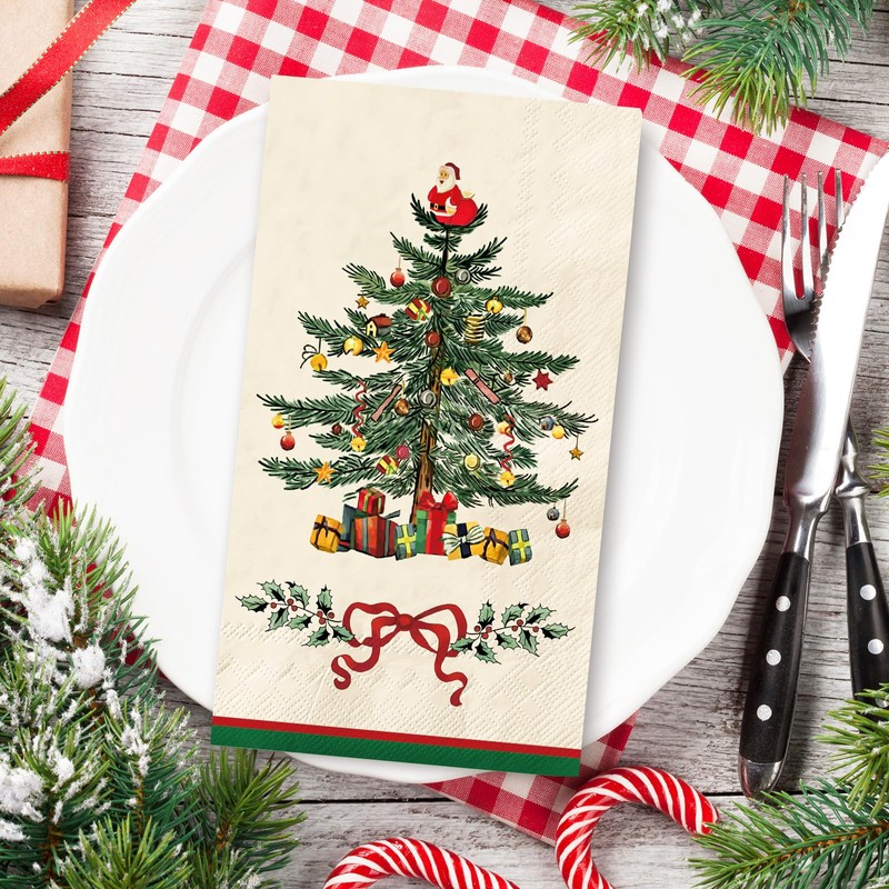 100Pcs Christmas Guest Napkins Retro Xmas Tree Disposable Paper Napkin