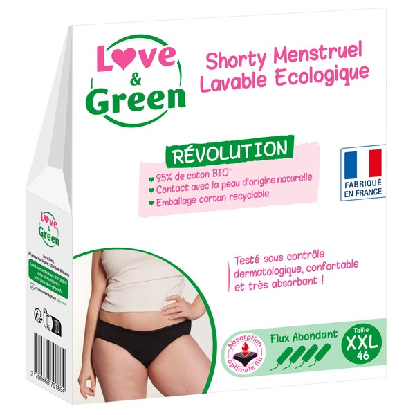 Love & Green - Menstruationsshorts, waschbar, ökologisch, Bio-Baumwolle – Größe XXL (46) – normaler Fluss