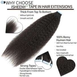 Isheeny Kinky Straight Tape In Hair Extensions Human Hair Black Women Kinky Curly Tape In Hair Extensions Invisible Kinky Straight Hair Extensions Real Human Hair Tape In Extensions 20Inch 50g/set
