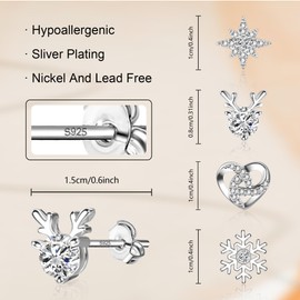 4 Pairs 925 Sterling Silver Studs Earrings Set, Small Tiny Sterling Silver Studs with Zirconia Shiny Diamond Studs Earrings Silver Snowflake Heart Elk Earrings for Women Girls Kids Christmas Earrings