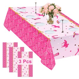 HYmoso 3 Pack Western Cowgirl Plastic Tablecloths Party Table Covers for Rectangle Tables, Western Pink Felt Horse Table Cloth Decorations for Western Barn House Themed Birthday Kids Party Supplies