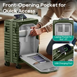 Joyway 20 Inch Carry on Luggage with Front Pocket, PC Hardshell Carry-on Suitcase with USB Port and Cup Holder, Luggage with Spinner Wheels and TSA Lock (Dark Green)