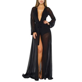 Women's Black Sexy Maxi Long Sleeve Swimsuit Swim Bathing Beach Maxi Cover Up Dress L