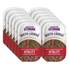 Health Extension Broth-Licious Vitality Beef & Green Bean in Bone Broth for Dogs, 3.5 oz Cup – Grain-Free, Ready-to-Serve, Boosts Energy & Immunity (12-Cup Box)