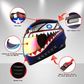 WOW Youth Motorcycle Full Face Helmet Street Bike BMX MX Kids Shark Blue + MX Skeleton Glove Bundle
