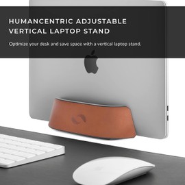 HumanCentric Laptop Holder Vertical Laptop Stand - Adjustable Holder and Dock, Laptop Vertical Stand Fits MacBook Pro and Other Laptops .5" to 1.5", Upright Laptop Holder for Desk, Cognac Leather