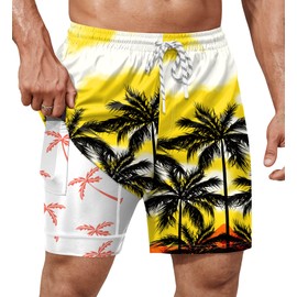 ERECT PEAK Mens Breathable Swimwear with Liner Coconut Bathing Suit Stretch Graphic Surfing Tropical Trunk Yellow XL