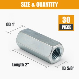 YaaYii 5/8-11 Hex Coupling Nut, Pack of 30, Zinc-Plated Carbon Steel Extension Rod Coupler Connector