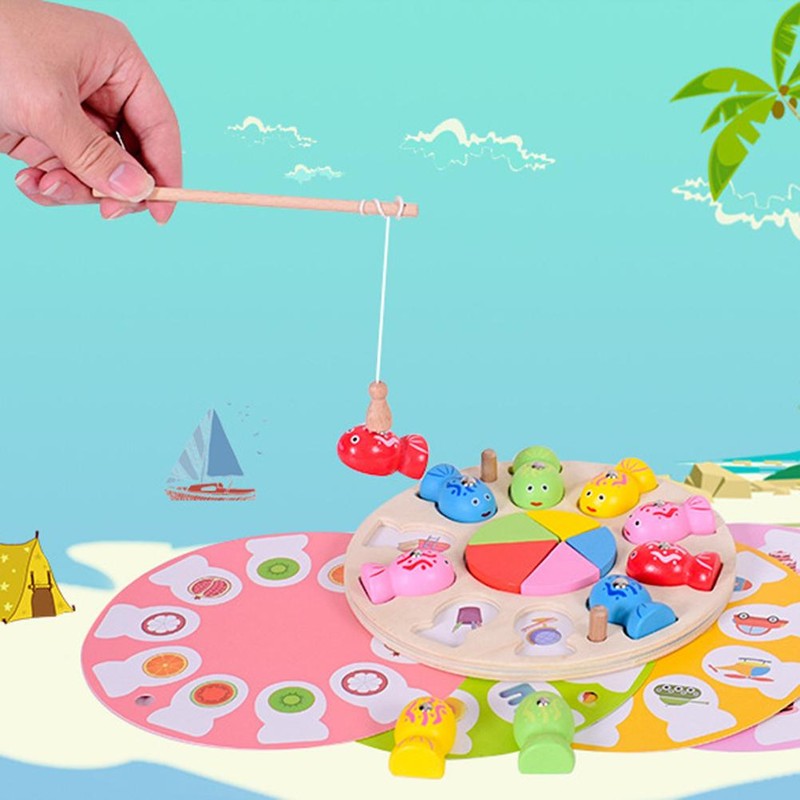 Wooden Magnetic Fishing Game Toys with Tangram Puzzles for Kids