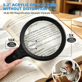 Dilzekui 5X&10X Neck Handheld 2-in-1 Magnifying Glass for Reading w/Light