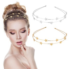 PEOVLVN 2 Pcs Star Headbands for Women, Gold & Silver Star Headband Sparkly Star Crown Headpiece Metal Headband Bridal Elastic Hair Hoop Wedding Hair Accessories for Women and Girls