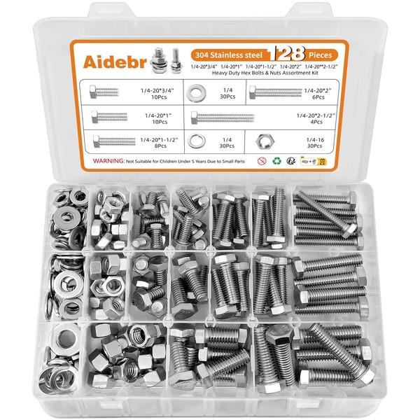 Stainless Steel Hex Head Nuts and Bolts Assortment Kit, 128PCS