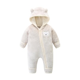 Unisex Baby Bear Onesie Winter Fleece Snowsuit Clothes Infant Footed Hooded Jumpsuit Romper 9-12 Months Beige