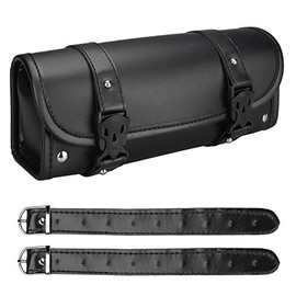 Neween Motorcycle Handlebar Bag Saddlebags, PU Leather Handmade Motorcycle Fork Bag Roll, Durable Storage Tool Pouch with Straps for Men, Women (Large, Black)