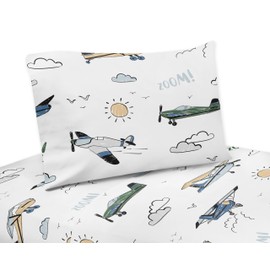 Sweet Jojo Designs Vintage Airplane Boy Twin Sheets Set Single Size Bed Flat Fitted Sheet Pillow Case Kids Childrens Teenager Bedding 3pc Grey Green Blue White Yellow Airplanes Transportation Clouds
