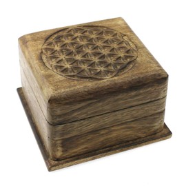 Wooden Box Flower of Life 10 x 10 x 6.5 cm, Mango Wood, Brown, Treasure Box, Jewellery Box, Trick Box with Hinged Lid