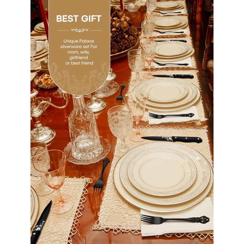 Stapava 48 Pcs Black Silverware Set with Steak Knives, Gorgeous