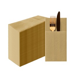 PAW - Linen Feel Napkins with Built-in Flatware Pocket, Elegant Paper Pre-Folded Napkins for Silverware, Wedding Party, Dinner, Birthday, Gatherings, Monocolor Gold, 50 Count