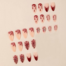 MISUD Press on Nails Medium Stiletto Fake Nails Glossy Glue on Nails Goth Red French Tip Acrylic Nails Almond Artificial Nails Cobweb Blood Stick on False Nails with Design 24 pcs