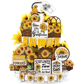Seeloowy 26 Pcs Sunflower Tiered Tray Decoration Summer Wood Signs Summer Kitchen Decoration Rustic Farmhouse Summer Tiered Tray Table Decorations for Summer Home Party