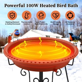 Heated Bird Baths for Outdoors for Winter, Lovppy 100W Heated Bird Bath Water Heater with Thermostatically Controlled, Heated Bird Baths Bowl with Metal Stake for Outside Garden Patio Yard (Brown)