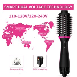 Dual Voltage Hair Dryer Brush for European Travel, Plus 2.0 Blow Dryer Brush with European Plug 110V-120V/220V-240V One Step Hair Dryer and Styler Volumizer with Negative Ion Anti-frizz Styling
