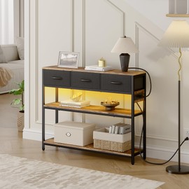 TIQLAB 39.5 inch Entryway Table with Power Outlets, Console Table with 3 Drawers and 2-Tier Shelves, Sofa Table, Entry Table for Hallway, Foyer, Living Room, Rustic Brown