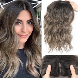 Hair Toppers for Women with Thinning Hair, 16 Inch Toppers Hair Pieces for Women Side Part Clip in Bangs 360° 3D Curly Wavy(Dark brown mixed with medium brown mixed 60B#)