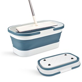 Goderewild Collapsible Plastic Bucket with Wheels 12L (3.17 Gallon) for House Cleaning, Camping, and RV - Multi-Purpose Rectangular Handy Basket for Cleaning Mop - Lightweight and Portable (Blue)