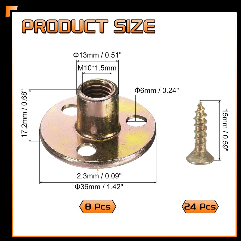 sourcing map 8Pcs M10 T-Nuts, Zinc Plated Steel Brad Hole