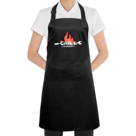 Mordx Bib Apron,Unisex Black Aprons Adjustable Washable,with 2 Pockets for Kitchen Crafting BBQ Drawing (Grillmaster 1)