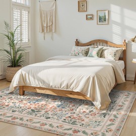 LEEVAN Floral 5x7 Area Rugs for Living Room, Soft Low Pile Bedroom Rug Non Slip, Washable Nursery Rugs, Boho Vintage Dining Room Mat Ultra Thin Floor Carpet for Office(Beige)