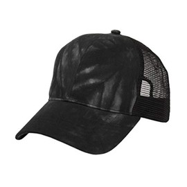 Women's Ponytail Washed Cotton tie-dye tie dye mesh Trucker Zipper Ponytail Hole hat Cap (Black)