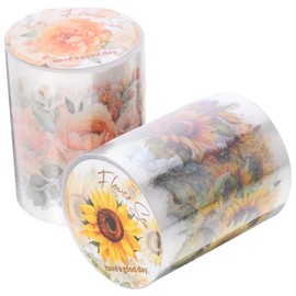TEHAUX 2 Rolls Floral Washi Tape, Flower Washi Tape Sunflower and Rose Pattern Washi Tapes Decorative Tape Vintage Washi Tape Aesthetic PET Tape for Crafts Journaling Scrapbook