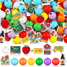Misdary 200 Pcs Back to School Wooden Beads Colorful Large Round Beads Pencil School Gnome Shaped Beads for Jewelry Pendants Making DIY Crafts Kids Students School Supplies Home Decor