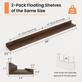 RICHFOCUS Picture Ledge Shelf, 36 inch Floating Shelves Set of 2, Wood Wall Shelves with Lip, Wall Decor Storage for Bedroom Living Room Bathroom Kitchen Nursery Photo Picture, Walnut