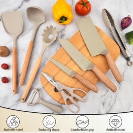 Knife Set, 10 Pieces Professional Kitchen Knife Set with Universal Knife Block, Non-stick Heat Resistan Kitchen Tools and Gadgets with Wooden Handle (Khaki)
