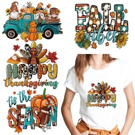 4Sheets Fall Thanksgiving Iron on Transfers for T Shirts Pumpkin Iron on Decals Autumn Heat Transfers Vinyl Stickers Dwarf Maple Leaf HTV Patches Appliques for Clothes Pillow DIY Crafts Decorations