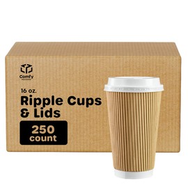 Comfy Package [Case of 250] 16 oz. Insulated Ripple Paper Hot Coffee Cups With Lids