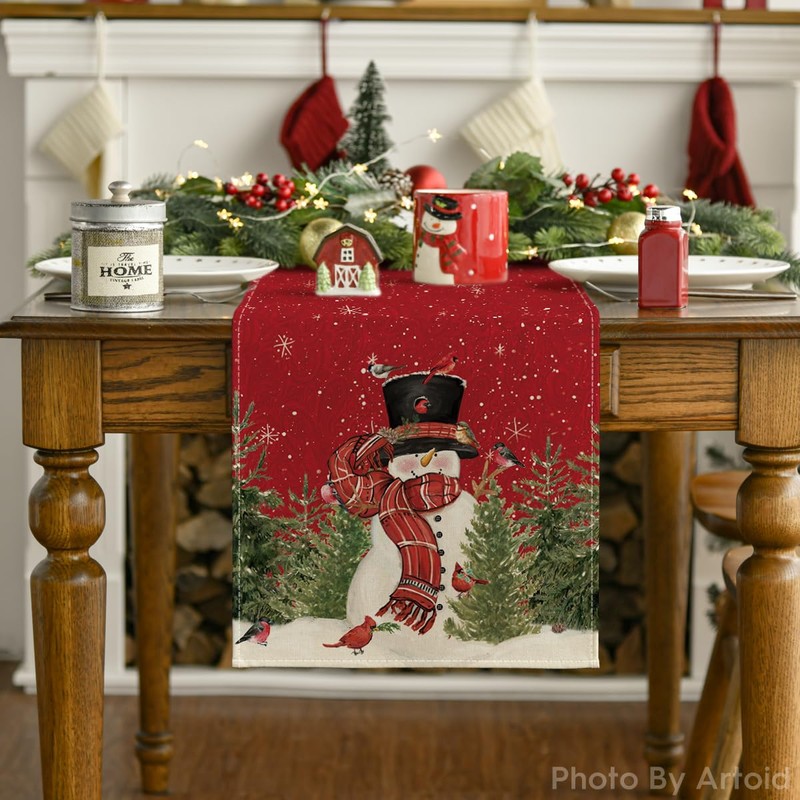 Artoid Mode Snowman Birds Scarf Trees Christmas Table Runner, Seasonal