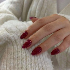 KQueenest Upgrade Thick Acrylic Dark Red Press on Nails Short Oval, Burgundy Red Nails Press on Short Almond, UV Cover Oval Fake Nails for Women Christmas Wear, Natural Glue on Nails Short in 24 Pcs